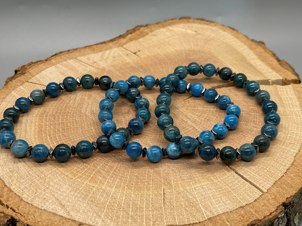 Blue Apatite with Faceted Hematite Bead Bracelet