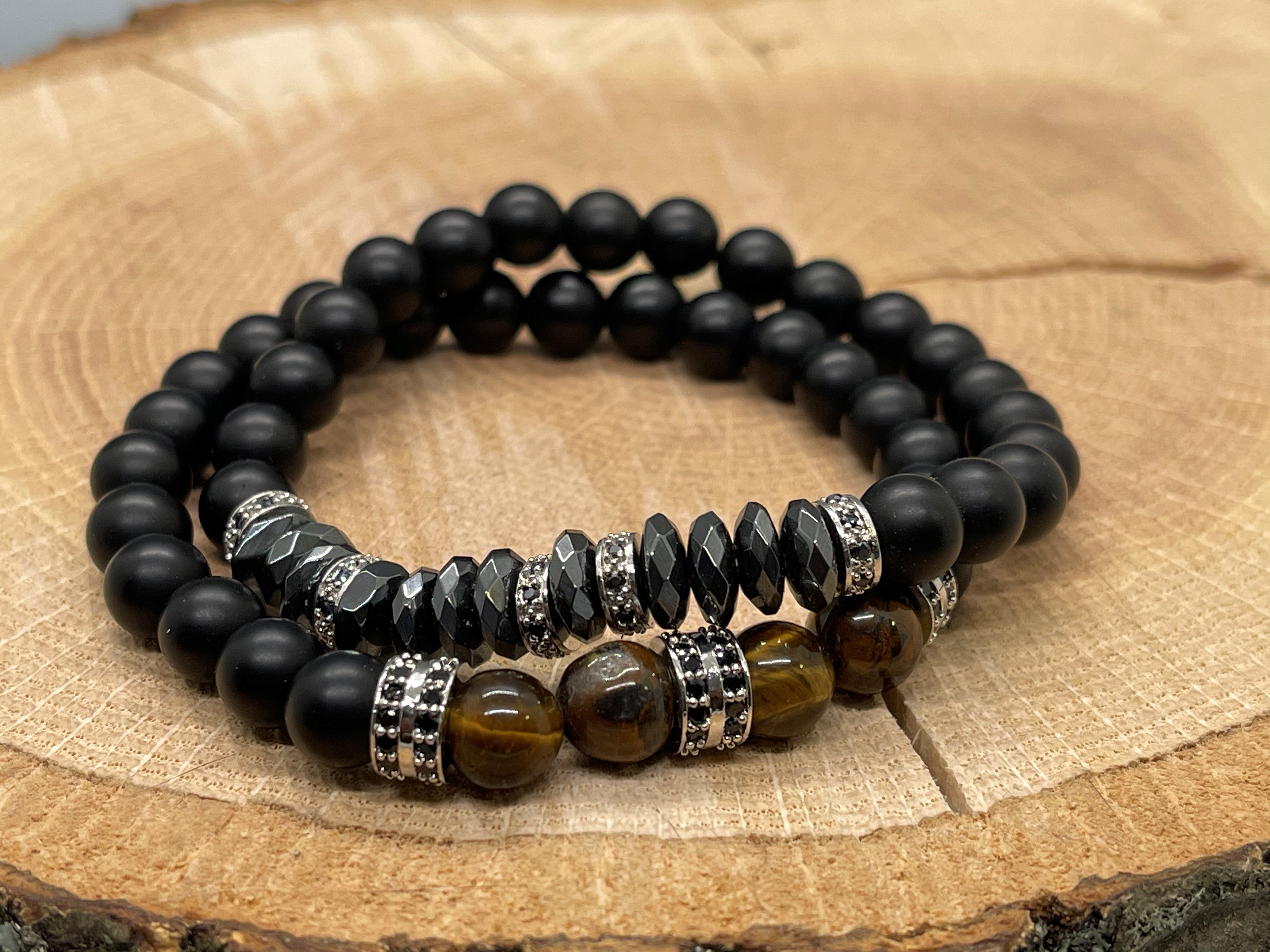 2pc Tiger Eye With Faceted Hematite Bead Handmade set