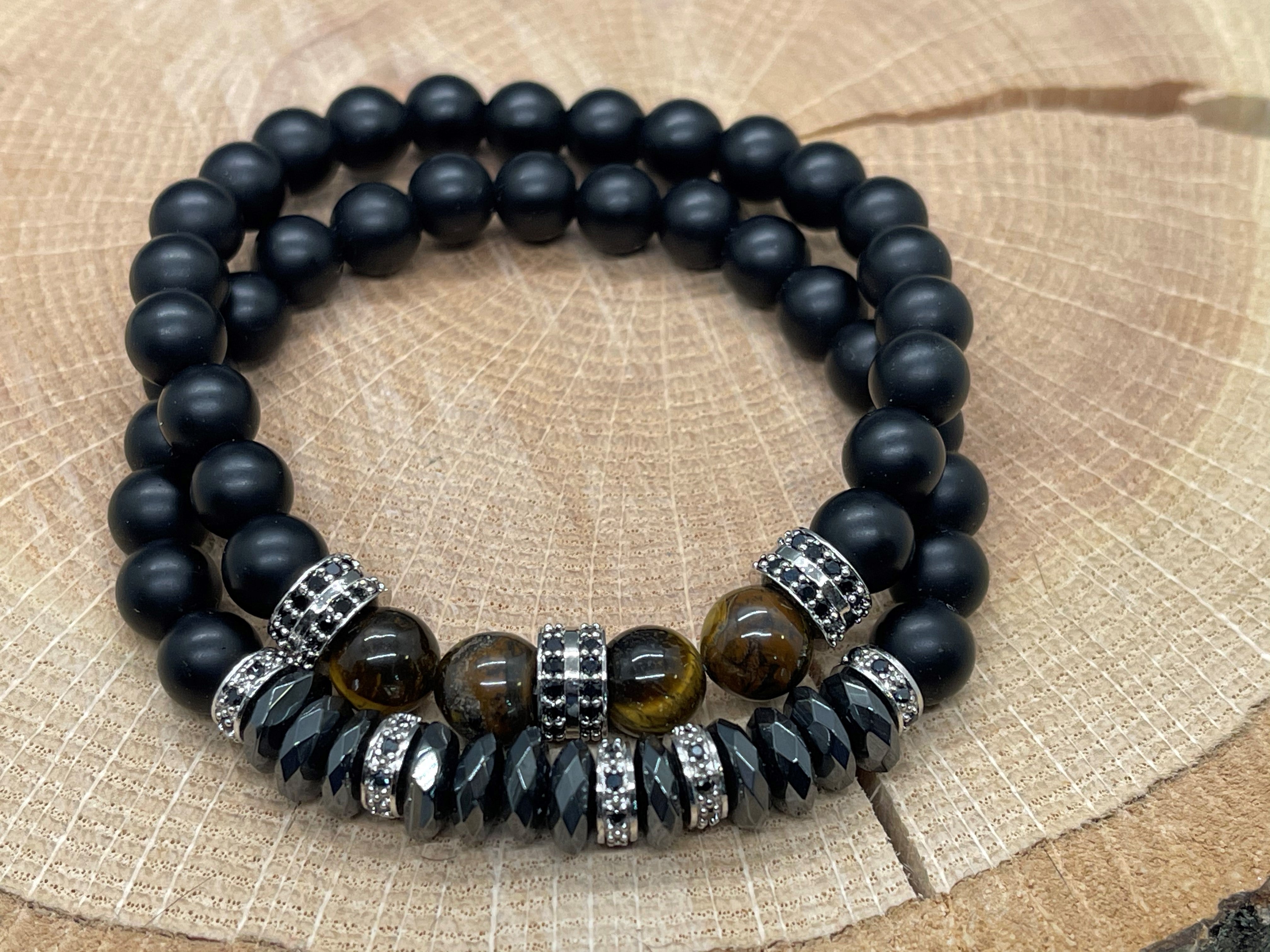 2pc Tiger Eye With Faceted Hematite Bead Handmade set