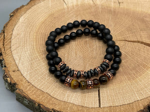 2pc Tiger Eye With Faceted Hematite Bead Handmade set