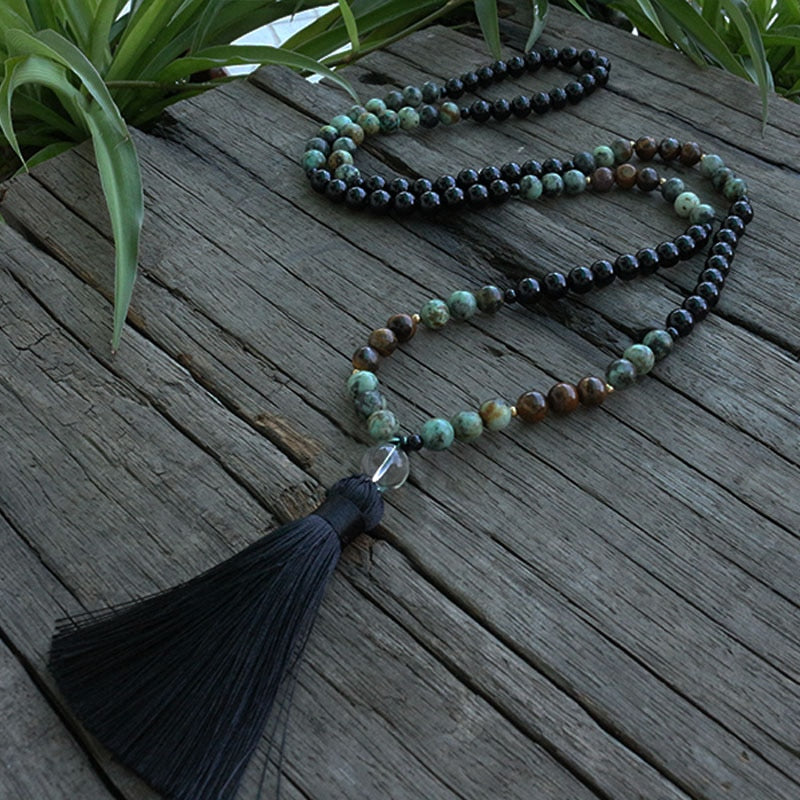 African Turquoise And Onyx Mala Necklace
