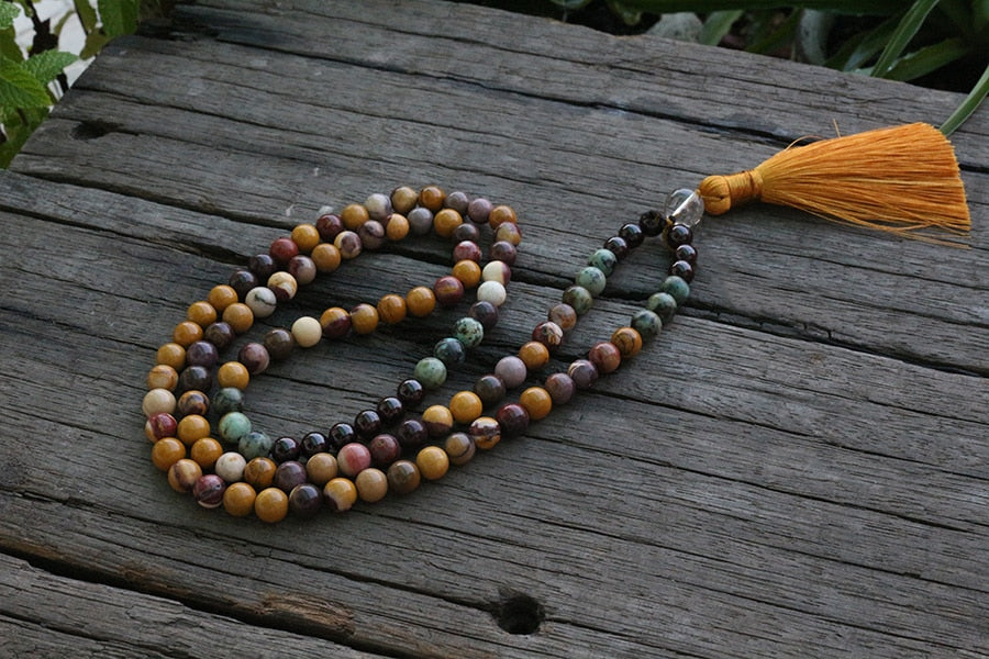 Egg Yolk Stone And Garnet Mala Necklace,