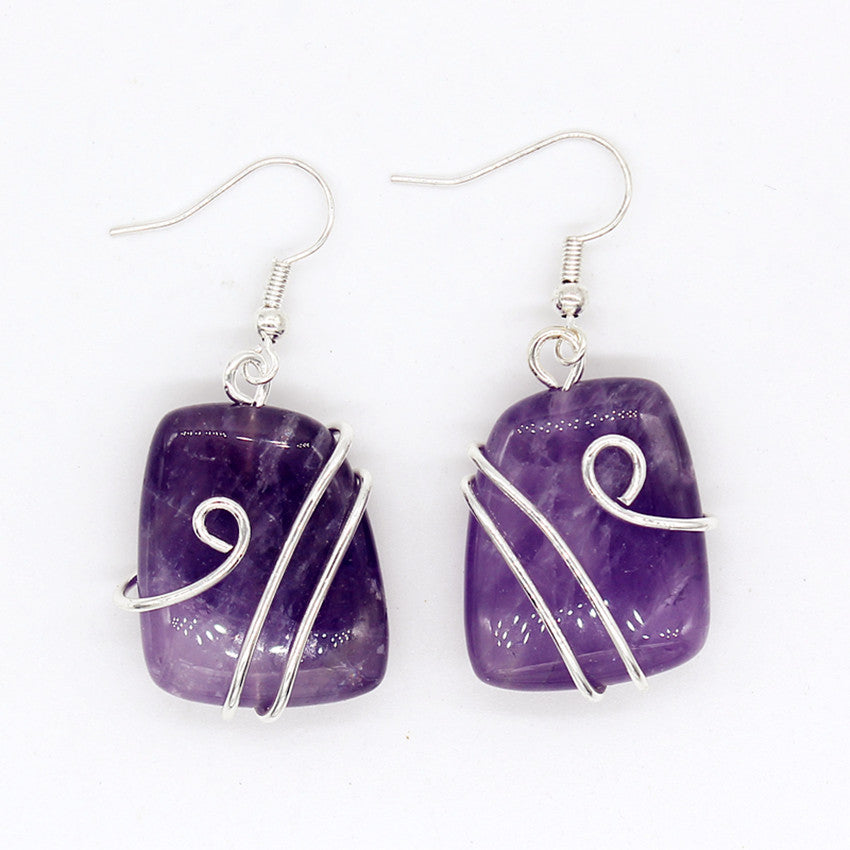 Unique Silver Plated Wire Wrap Irregular Shape Natural Amethyst Earrings