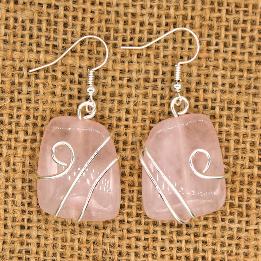 Silver Plated Wire Wrap Irregular Shape Natural Rose Pink Quartz Earrings